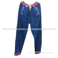 Men's Casual Pants, Knitted Cotton Denim, Denim Blue Garment Washing, Rib Elastic Waistband and Hem